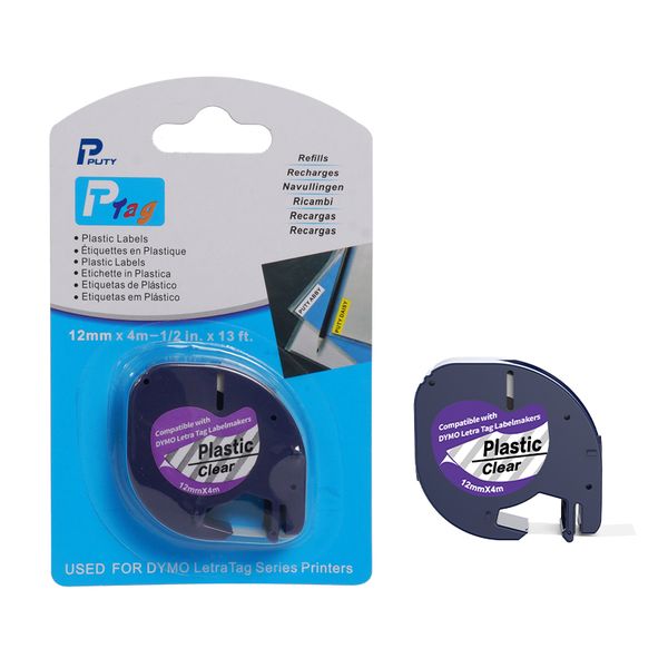 PUTY Compatible Dymo Letra Tag LT-12267 Black on Clear Plastic 12mm Tape