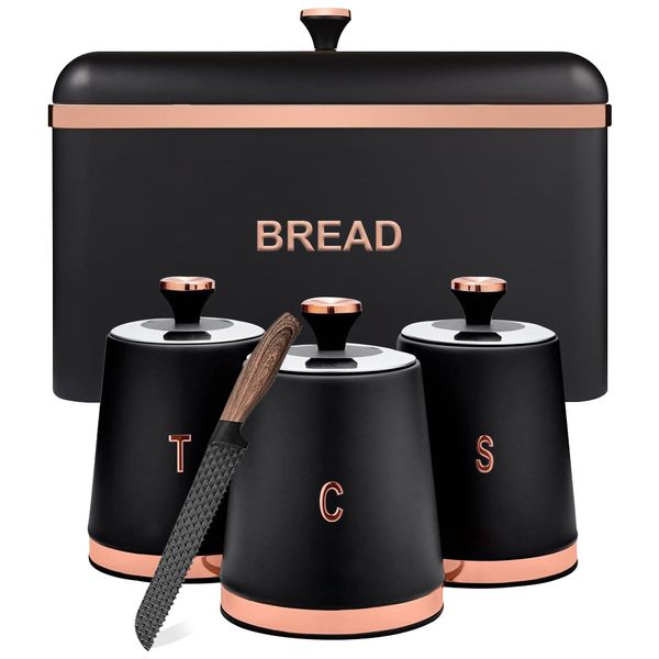 Set of Modern Bread Storage Canisters for Coffee/Sugar/Tea &amp; Bread Knife