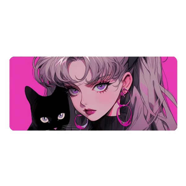80s Neon Anime Girl Mousepad - Large Desk Mat 800x300mm | Non-Slip