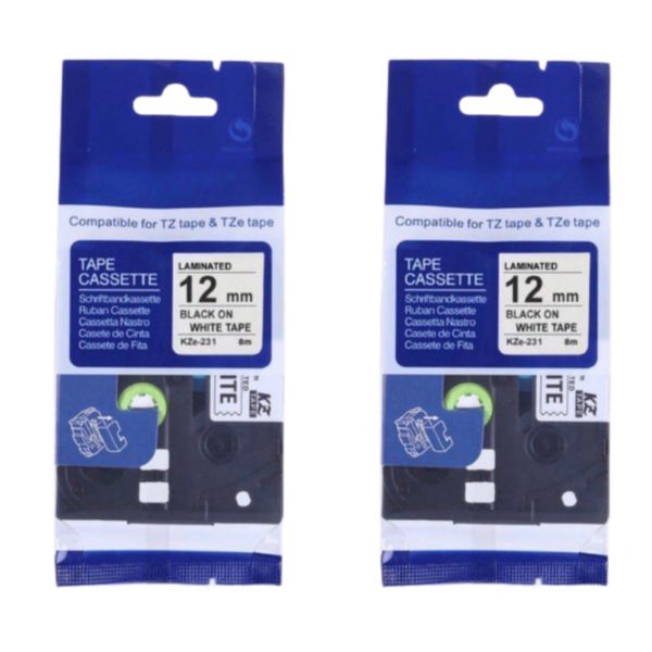 FTG TZ-231 Brother Label Tape Cartridge-Laminated Black On White-Pack Of 2