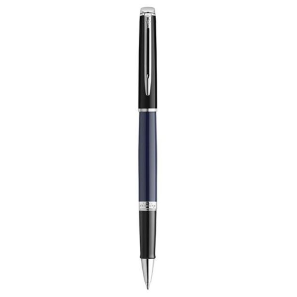 WATERMAN Hemisphere Black/Blue Chrome Trim Rollerball Pen Fine Nib Black