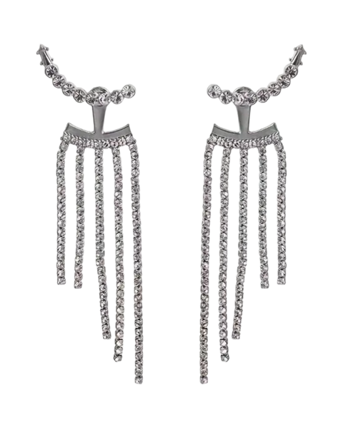 2 Piece Sparkling Waterfall Rhinestone Silver Tassel Earrings