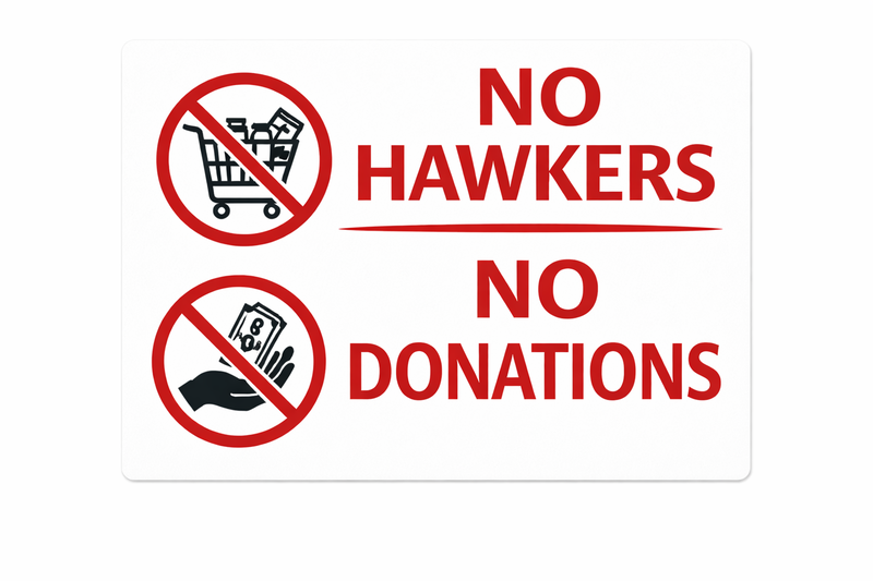 No Hawkers No Donation Allowed Sign 29cm x 29cm on Abs
