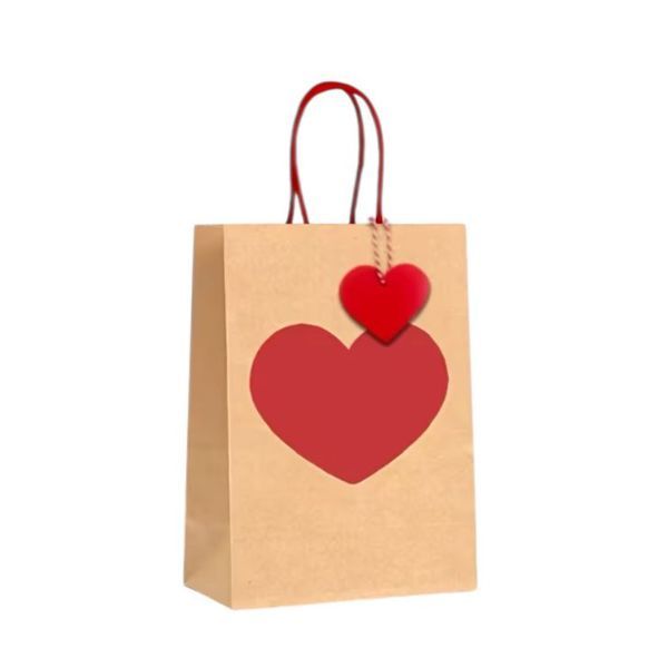 2 Pack Valentine's Day Brown Paper Gift Bags with Red Heart Design