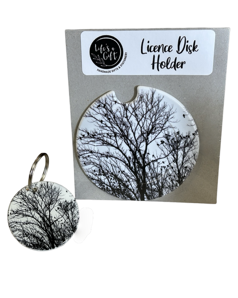 Licence Disk Holder &amp; Keyring - Black &amp; White with Tree &amp; Birds