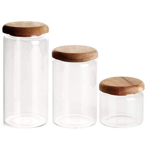 Chenshia 3pc Glass Canister Set - Airtight Acacia Wood Lids, 220/600/900ml