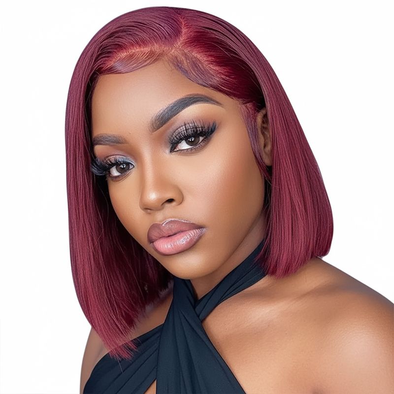 Geebuy 10In Red Burgundy Human Hair Wig 13x4 Full Frontal Straight Bob Wig