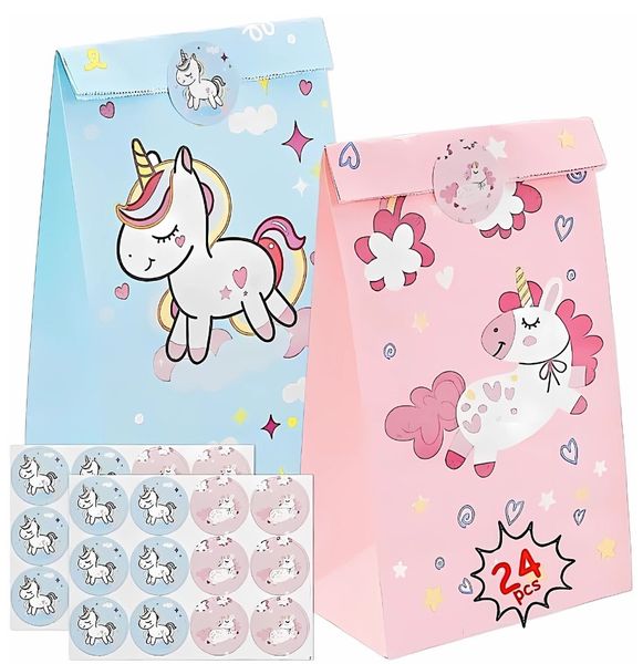 Magical 24-Piece Unicorn Themed Paper Gift Bags with Stickers
