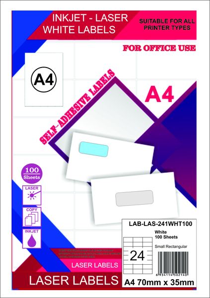 24-UP A4 Printable White Labels 70mm x 35mm 100-Sheets per Pack
