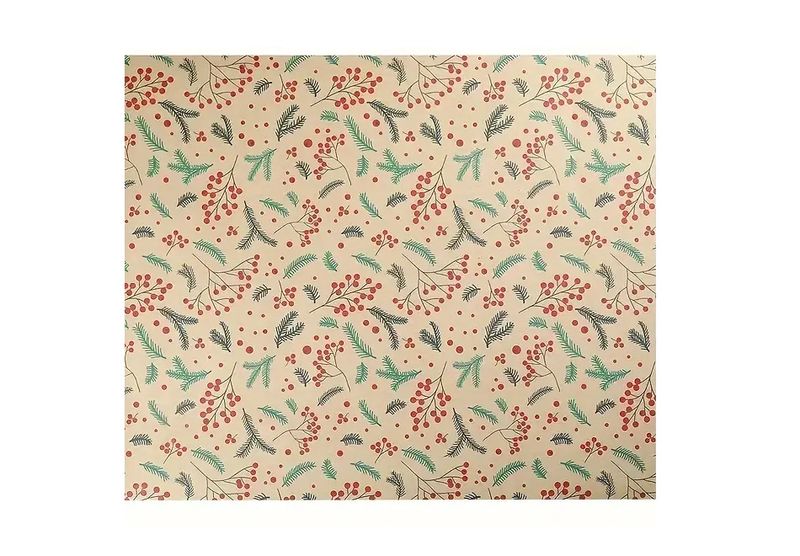 10 Meter Christmas Forest Green Leaves &amp; Red Fruit Themed Wrapping Paper