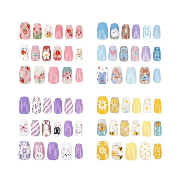 4-Pack (12Pcs) Kids Artificial Nails Mixed Cute Designs