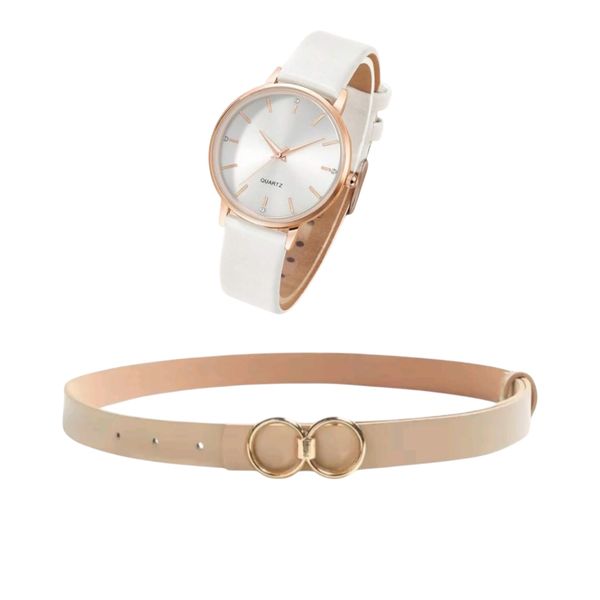 Women's Watch and Belt Set - Graceful Harmony 2-Piece Set - White/Pink