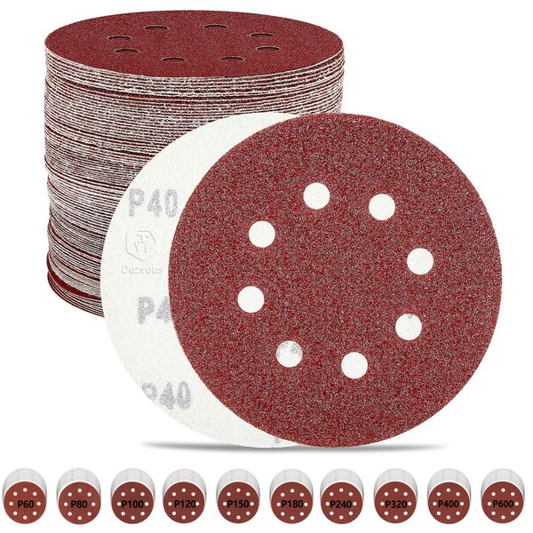 Dezvous 100 PCS Sanding Discs Set 5 Inch 8 Holes Hook Assortment Grits