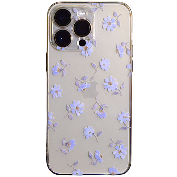 Clear - Phone Case with Blue Floral &amp; Camera Protection - Iphone 15 Pro
