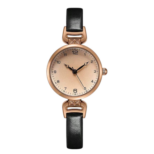 Elegant Rose Gold PU Leather Strap Watch - Black