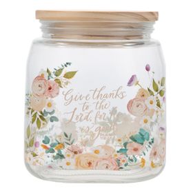 Glass Jar with Bamboo Lid - Give Thanks to the Lord, for He Is Good