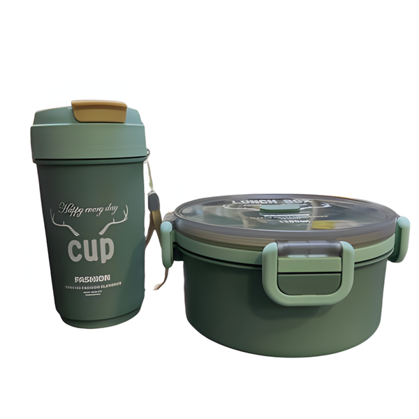 Compartment Lunch Box and Flask Cup Green