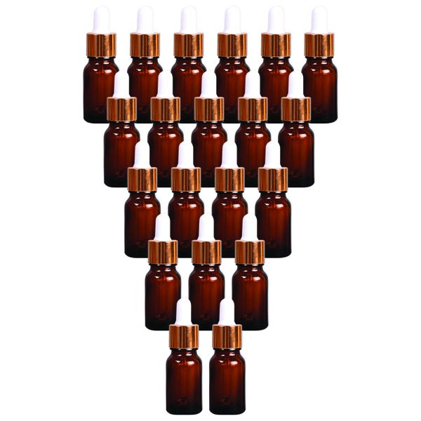 20 x 10ml Amber Glass Dropper Bottle With White &amp; Gold Pipette