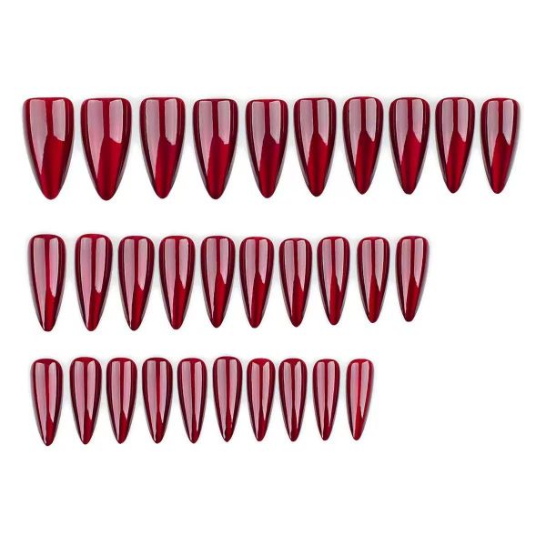 Dark Red Cat Eye Press on Nails Almond Long, Stick on Glue on Nail