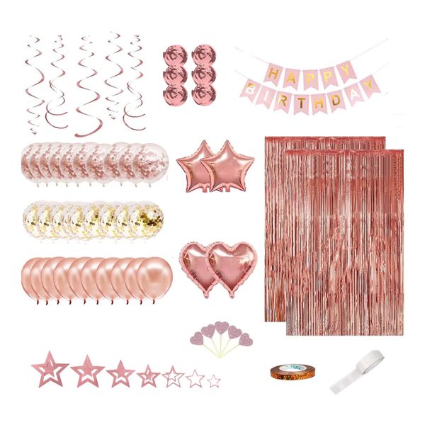 Rose Gold Birthday Party Decorations Balloons, Happy Birthday Banner
