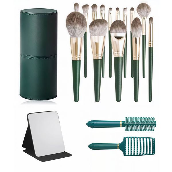 14 Piece Makeup Brush Set with Makeup Bucket&amp;makeup Mirror&amp;2 Styling Combs