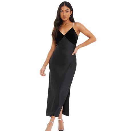 Quiz Ladies Petite Black Satin Midi Dress