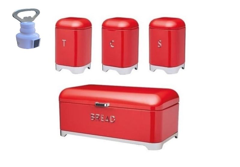 Bread Bin With Tea Coffee Sugar Canister Set - Retro 4 Piece