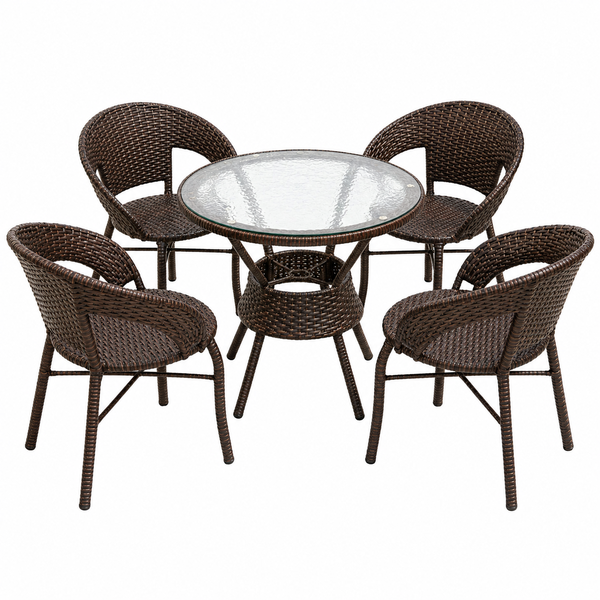 Woven Rattan 4-Person Patio Dining Set - Glass Top Table with Chairs