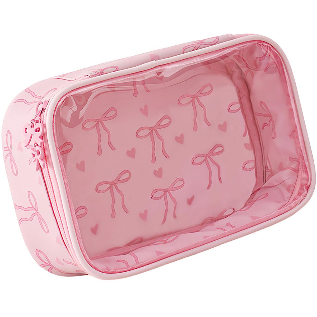 Pink Bow Clear Makeup Bag, PU Leather Cosmetic Bag for Travel