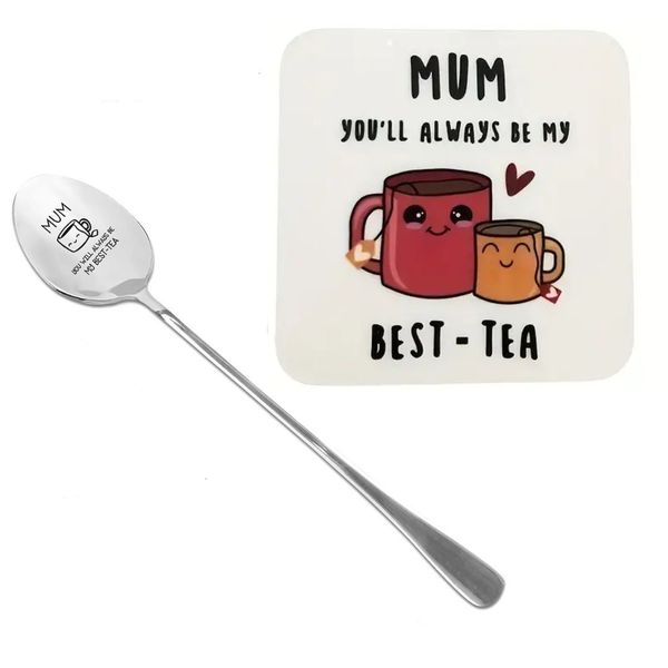 Mom's Best-Tea Gift Set with Spoon and Coaster , Gift for mother