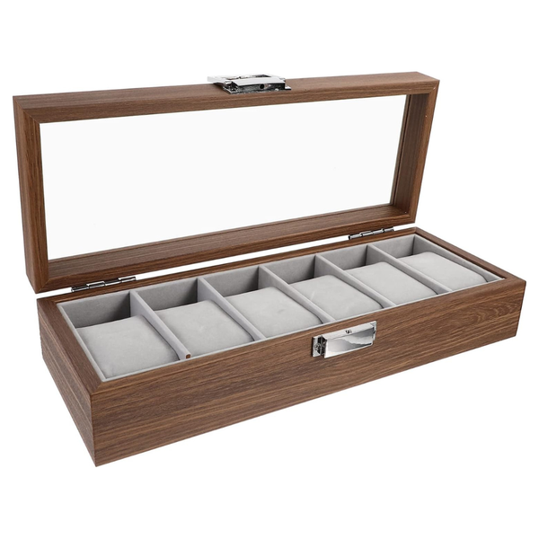 Bestby-6 Slot Wooden Watch/Jewellery Organizer Display Case with Glass Lid