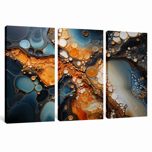 Marble Blue Orange Gold 3 Piece Abstract Canvas image