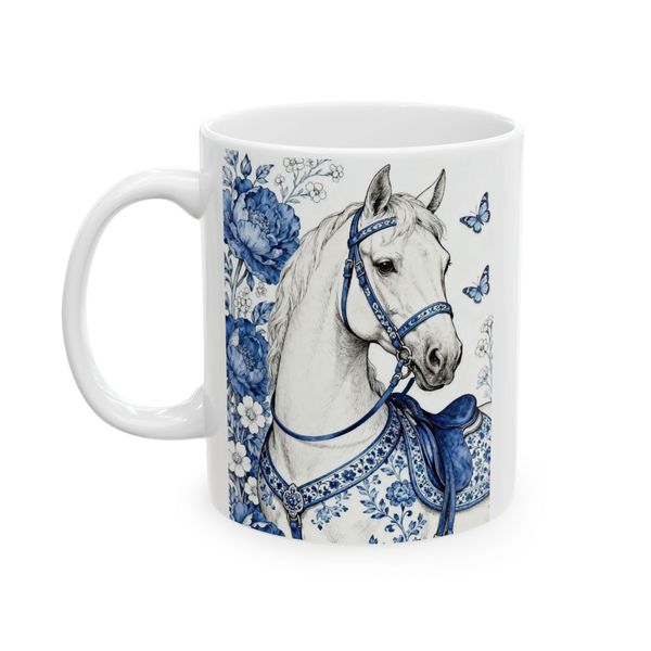 Horse Mug - White Horse with Blue Bridle and Floral Saddle