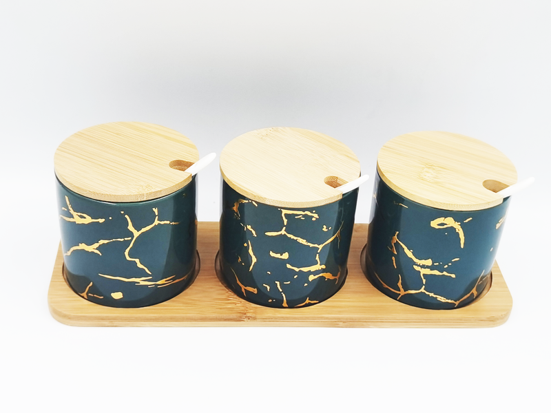 Porcelain Condiment Jar Spice Container with Bamboo Lids and Spoons