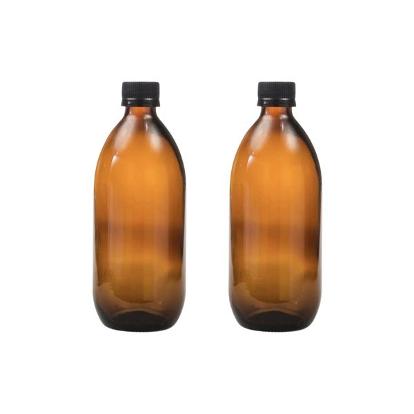 2 Pack 500ml Amber Bottles with Black Screw Caps
