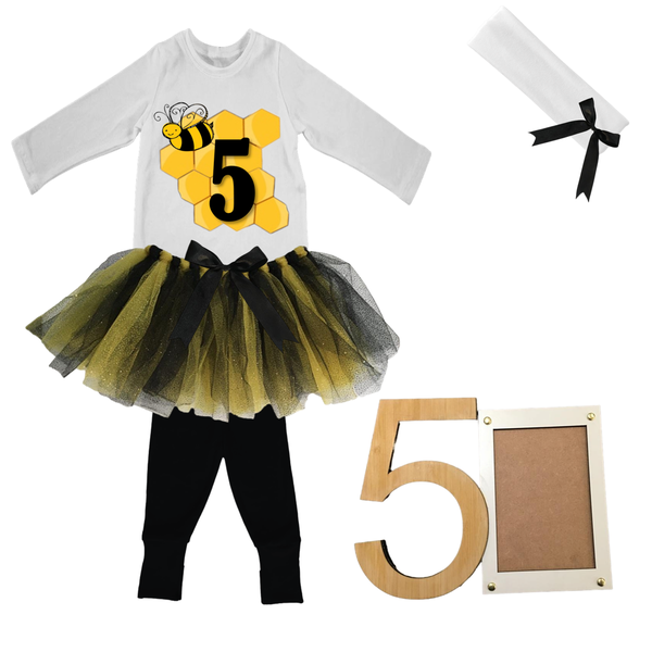 5th Birthday-Bee Tutu Outfit With Headband And Photo Frame / 5