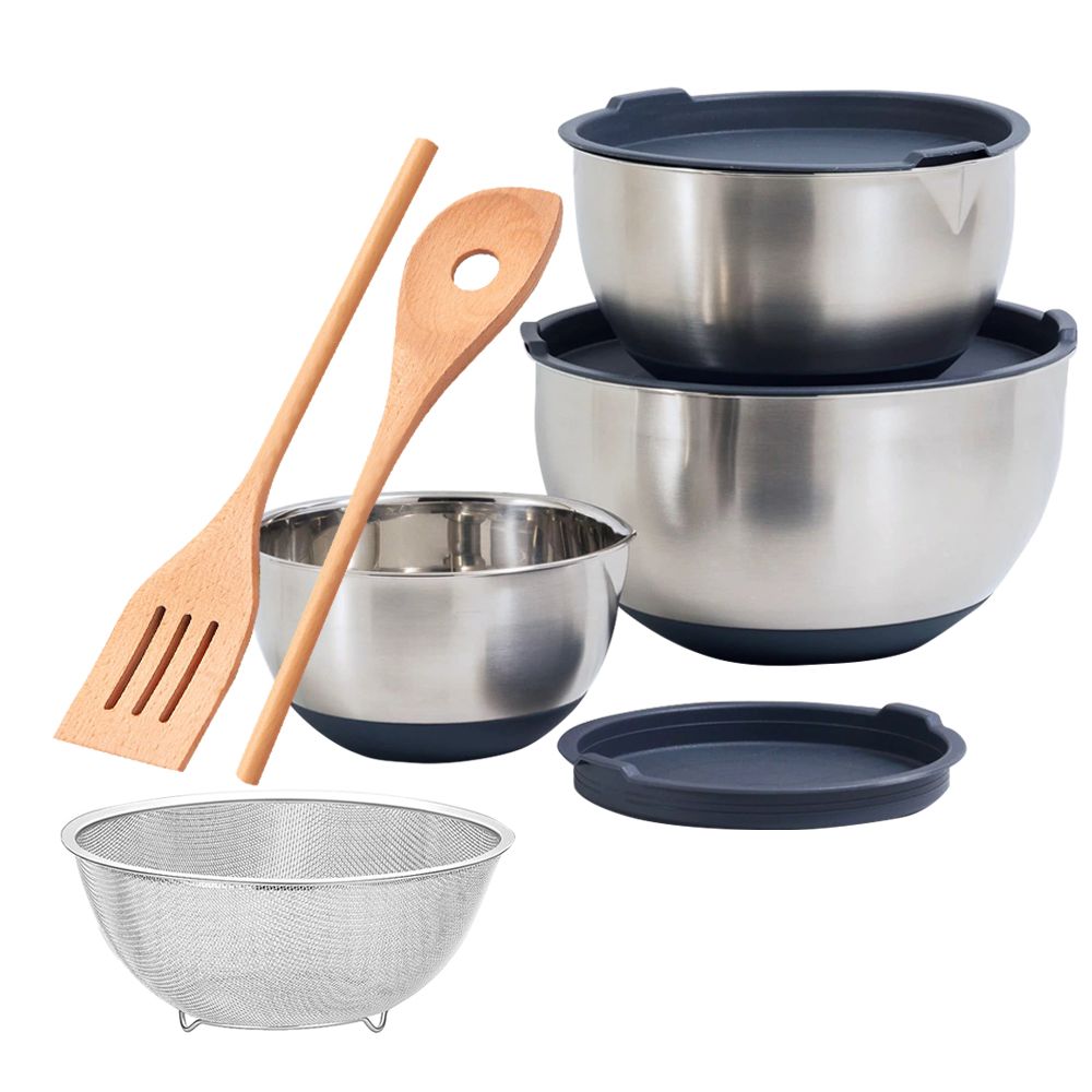 Stainless Steel NonSlip Mixing Bowls with Lids Including Wood Salad