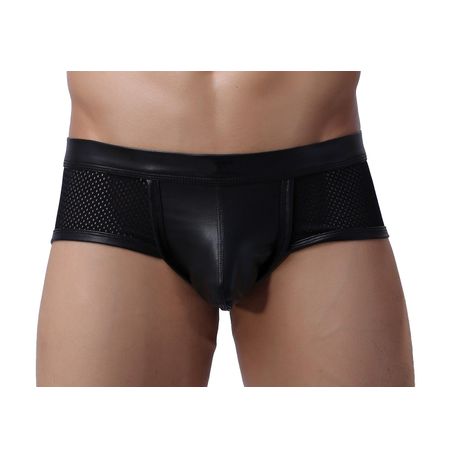 Men Black Faux Leather See Through Sexy Mesh Boxer Brief Trunk