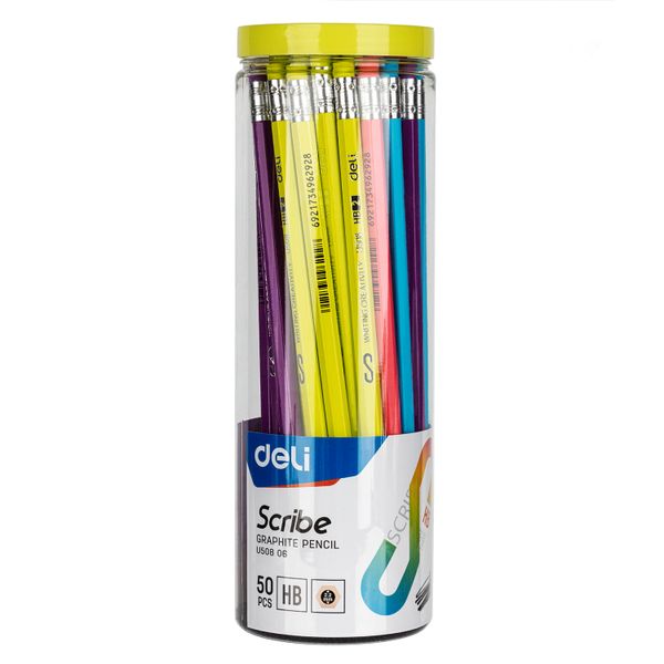 Deli Graphite Pencil HB With Eraser Tube of 50 PCS Yellow green blue orange