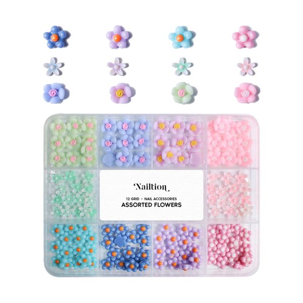 12 Grid Assorted Opaque Flowers - Nail Charms (Mixed Colour)