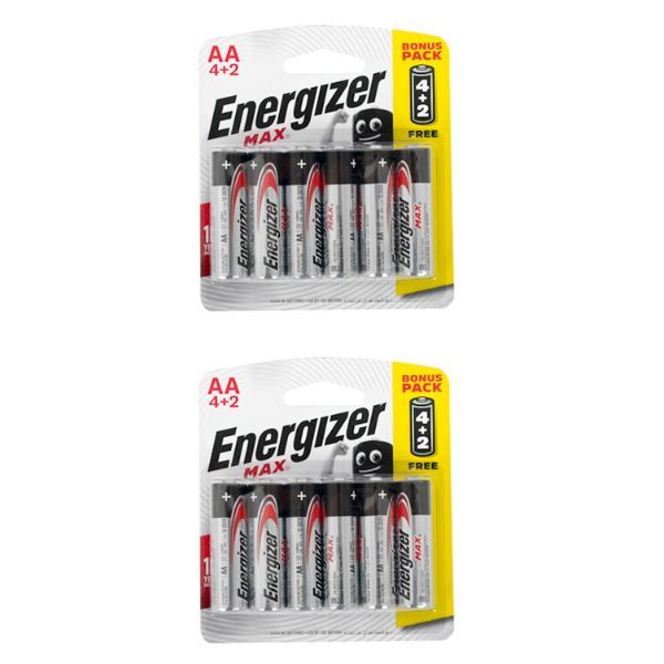 Energizer Max AA Batteries 4+2 Bonus Pack x 2 - (12 AA Alkaline Batteries)