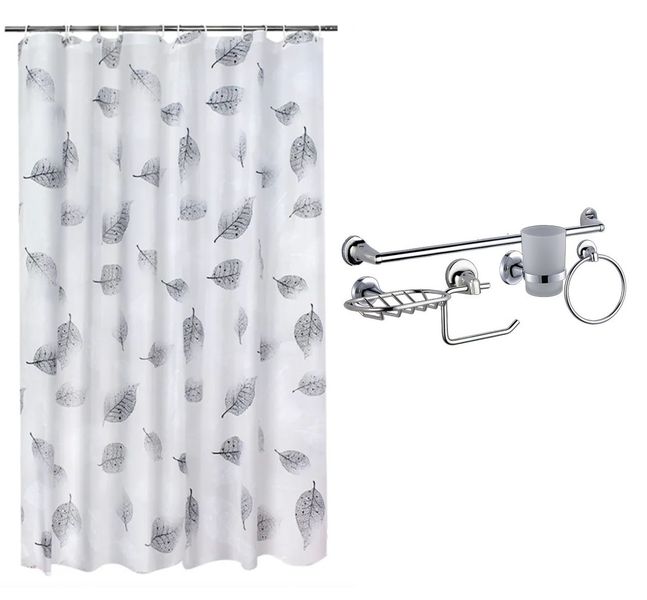 Plastic Hooks Taped Shower Curtain With Bathroom Accessories Set