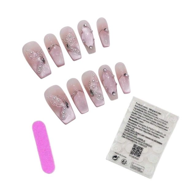 10 Piece - Soft Pink Butterfly Embellished Coffin Press-On Nails