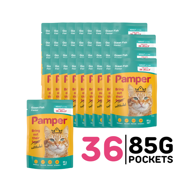 Pamper Adult Wet Cat Food Ocean Fish Flavour (36 x 85g) Pouches