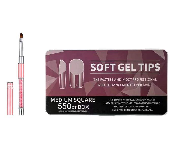 550 Medium Square Soft Gel Tips and a Round Gel Brush with a Cap