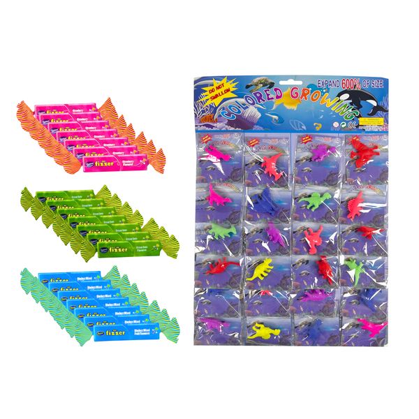 Kids Party Snacks/Prizes- 24 Growing Dinos+21 Mini Fizzer Sweets 3 Flavours