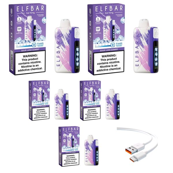 Elfbar Ice King 25k Sour Lush Gummy + DiscoVape Charging Cable (Pack of 5)