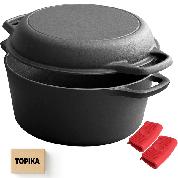 Topika 4.7L Enamel Cast Iron Dutch Oven, 2-in-1 Design with Frying Pan Lid