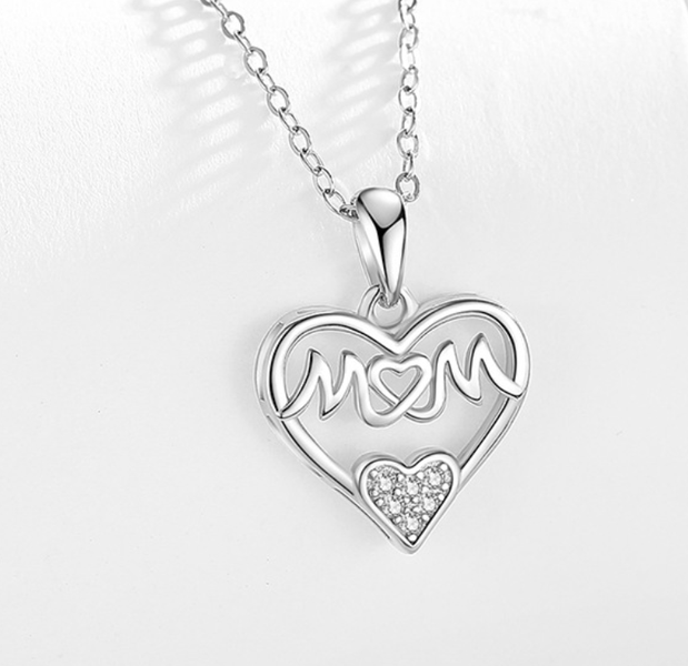 925 Sterling Silver"Mom" Heart Pendant Necklaces