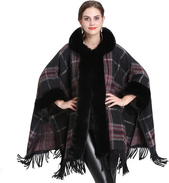 Ladies Hooded Faux Fur Poncho Cape, Oversized Shawl Wrap